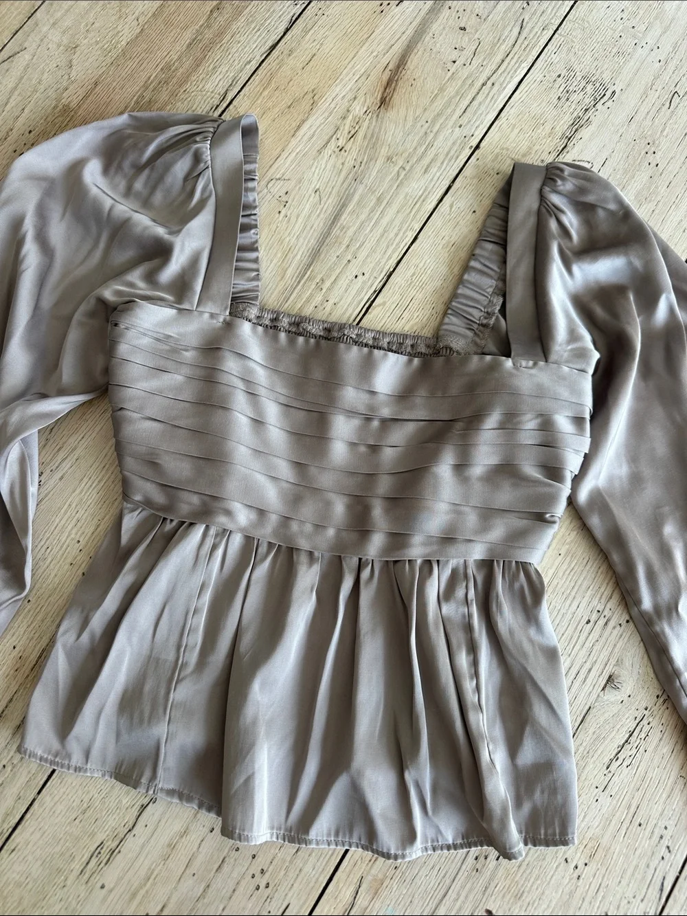 Abercrombie & Fitch Satin Pleated Square-Neck Blouse in Taupe